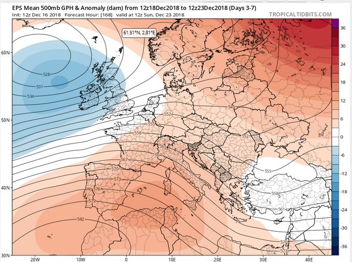 Mapas medios del modelo EPS-ECMWF de geopotencial y anomalías en 500 hPa para el periodo 16-23 de diciembre. Tropicaltidbits.