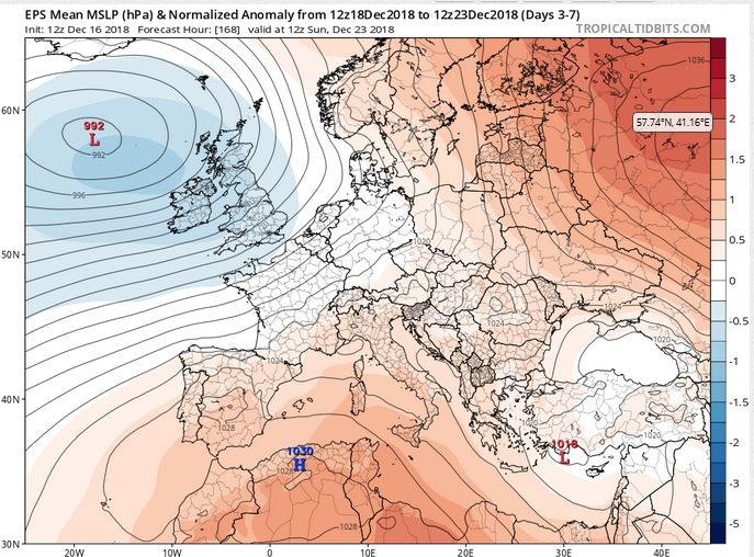 Mapas medios del modelo EPS-ECMWF de superficie y anomalías para el periodo 16-23 de diciembre. Tropicaltidbits.