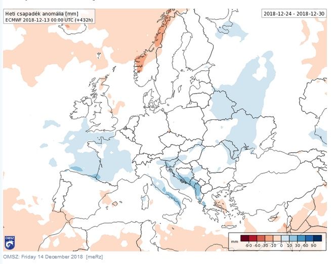Anomalías de precipitación en mm para la semana del 24-30 de diciembre de 2018 para Europa. Salidas del modelo del VarEPS-Mensual del ECMWF. SMNH de Hungría