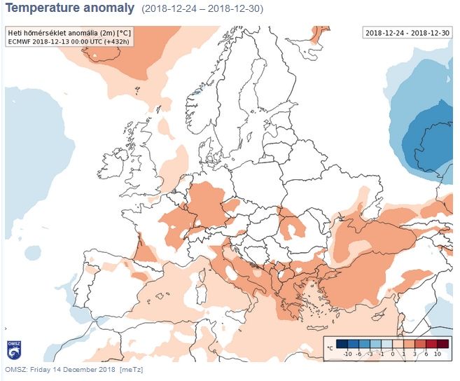 Anomalías de temperatura en ºC para la semana del 24-30 de diciembre de 2018 para Europa. Salidas del modelo del VarEPS-Mensual del ECMWF. SMNH de Hungría