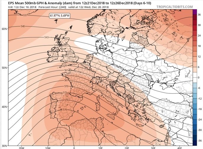 Mapas medios del modelo EPS-ECMWF de geopotencial y anomalías en 500 hPa para el periodo 16-26 de diciembre de 2018. Tropicaltidbits.