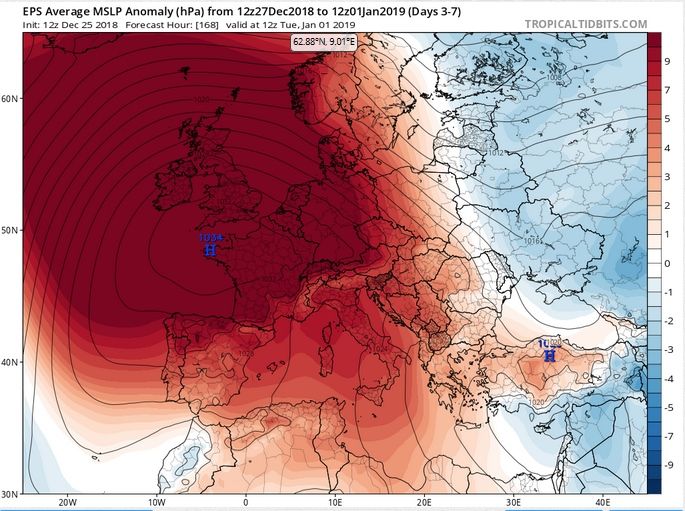 Mapas medios a 5 días de geopotencial en 500 hPa con superficie entre el 28 de diciembre 2018 y 01 de enero de 2019, según modelo EPS. Tropicaltidbits Mapas medios a 5 días de geopotencial en 500 hPa con superficie entre el 28 de diciembre 2018 y 01 de enero de 2019, según modelo EPS. Tropicaltidbits