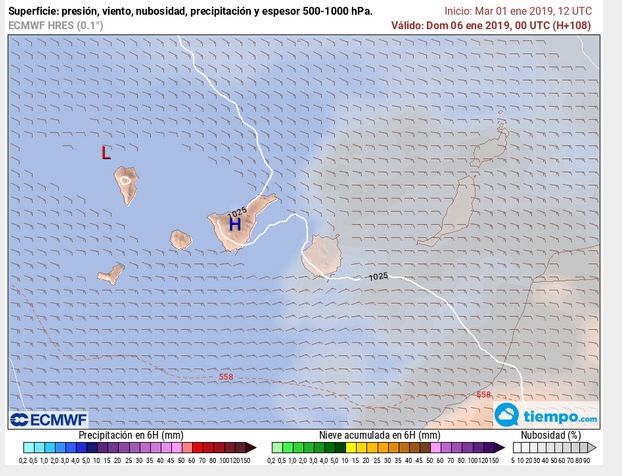 Mapas de superficie del 6 de enero de 2019 a las 00 UTC: Campos de presión en superficie, viento significativo y precipitación acumulada en 6 h en escala de colores para las áreas Canarias. Tiempo.com