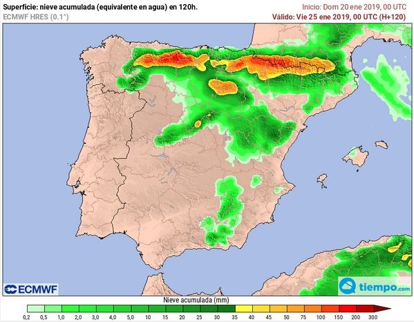Acumulación de nieve prevista por el modelo IFS-ECMWF hasta el 25 de enero de 2018 Acumulación de nieve prevista por el modelo IFS-ECMWF hasta el 25 de enero de 2018