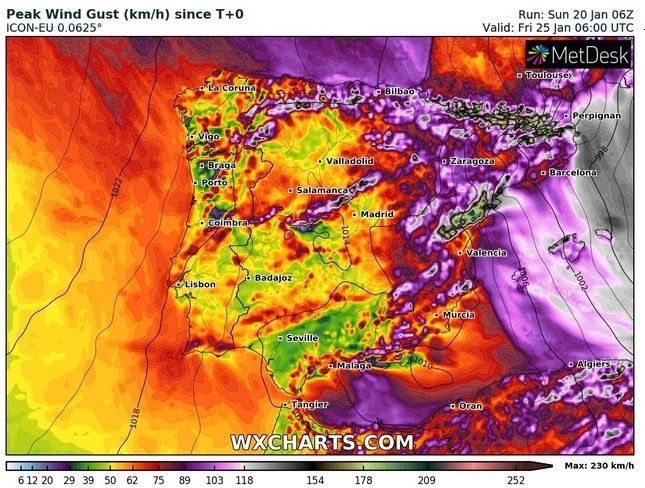 Rachas agregadas o máximas hasta el 25 de enero de 2019 en km/h por el modelo ICON. WXCHARTS Rachas agregadas o máximas hasta el 25 de enero de 2019 en km/h por el modelo ICON. WXCHARTS