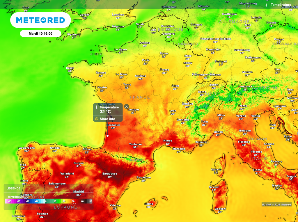 Les fortes chaleurs seront présentes mardi au sud, chaleur modérée au nord (voire encore un peu de fraîcheur pour les départements les plus au nord).