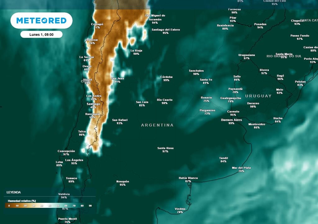 Mapa Humedad El lunes a la mañana, el ambiente estará extremadamente húmedo en gran parte del centro y norte de Argentina, favoreciendo la formación de nieblas y neblinas matinales