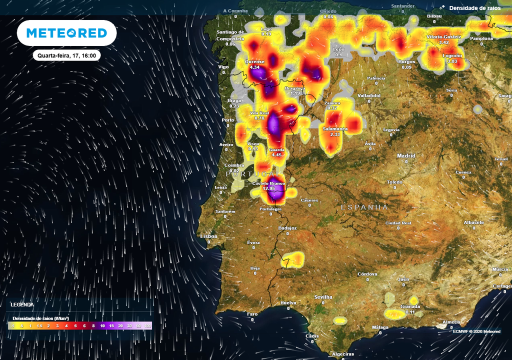 Prevê-se uma atividade elétrica bastante significativa no interior Norte e Centro: atenção ao risco de incêndios.