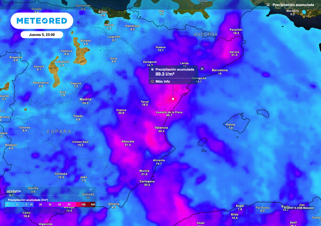 Donde más lloverá el jueves será en el nordeste y levante peninsular. Fuente: modelo europeo.