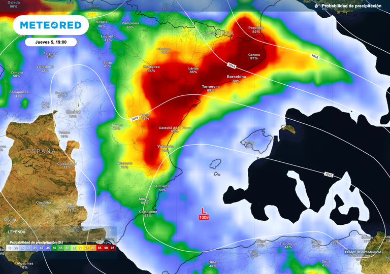 50 l/m2 en seis horas: este jueves llegar&aacute;n lluvias fuertes a la Comunidad Valenciana y Catalu&ntilde;a