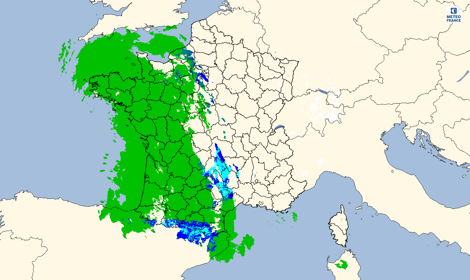 Animación de imágenes de radar entre el martes 13h00 y el miércoles 11h00 (en lluvia verde, nieve azul) © Météo-France Animación de imágenes de radar entre el martes 13h00 y el miércoles 11h00 (en lluvia verde, nieve azul) © Météo-France