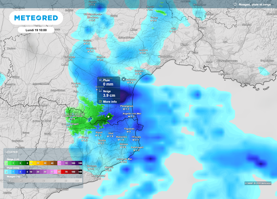Pluie et neige lundi matin Languedoc-Roussillon Pyrénées
