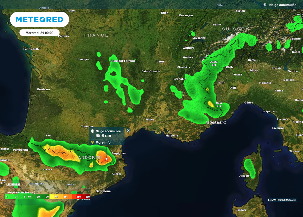 Même si les Alpes frontalières et les Pyrénées Centrales s'en sortiront bien, c'est sur les Pyrénées-Orientales que les cumuls de neige seront les plus importants d'ici mardi soir.