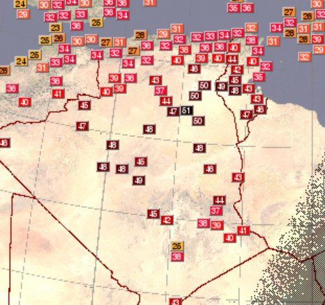 Datos de Ouargla, Argelia, para el día 5 de julio de 2018 y temperaturas máximas en la zona Datos de Ouargla, Argelia, para el día 5 de julio de 2018 y temperaturas máximas en la zona
