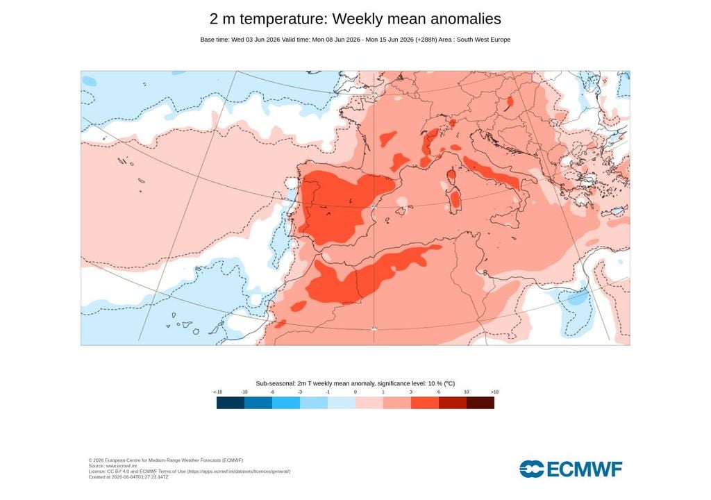 O modelo europeu indica anomalias térmicas positivas para quase todo o território português na segunda semana de junho, exceto no arquipélago da Madeira.