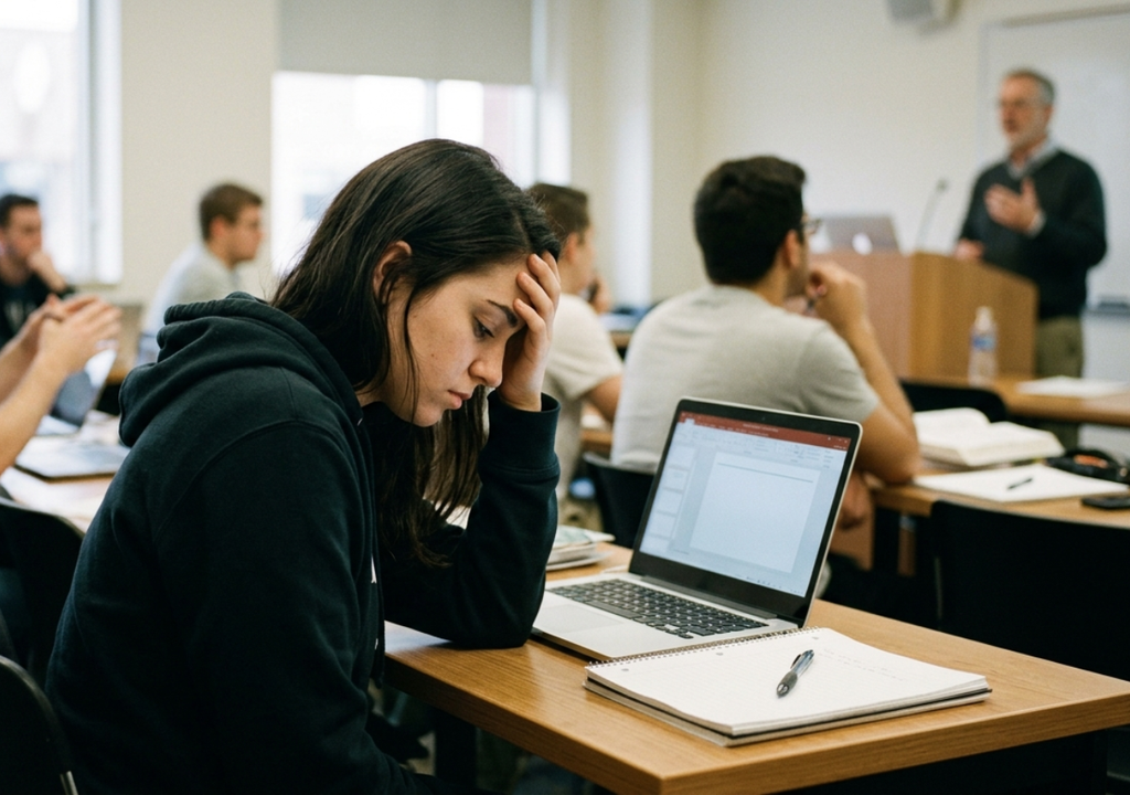 estudiante en el colegio. El aumento de la ansiedad y la depresión en estudiantes impacta directamente su rendimiento académico, afectando la concentración, la memoria y la motivación, y elevando el riesgo de bajo desempeño, desinterés en clases y ausentismo escolar.