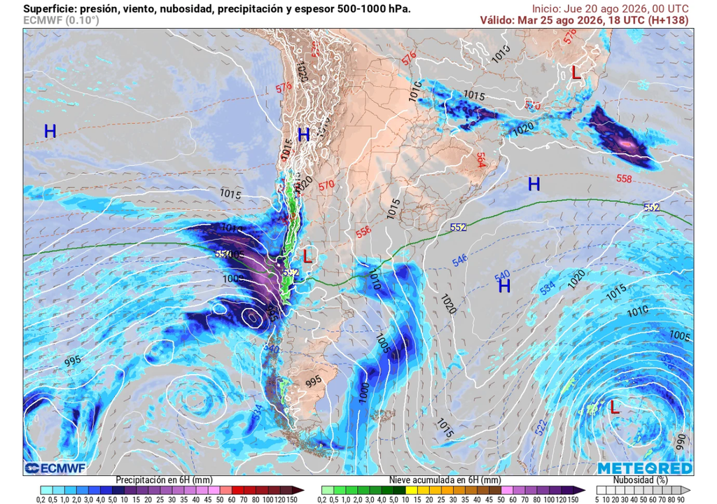 El flujo de vapor desde la zona tropical alimentará los sistemas frontales que dejarán precipitaciones sobre Chile durante la próxima semana.