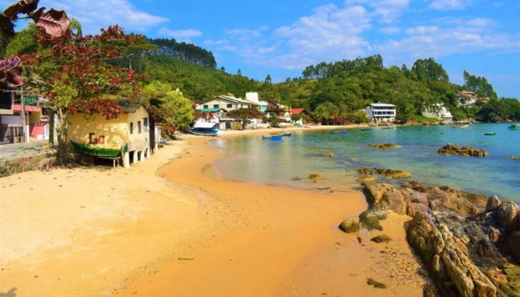 Araçá, uma pequena comunidade pesqueira com poucas ruas ao sul de Porto Belo, em Santa Catarina. Na foto, a praia de Araçá. Crédito: Divulgação.