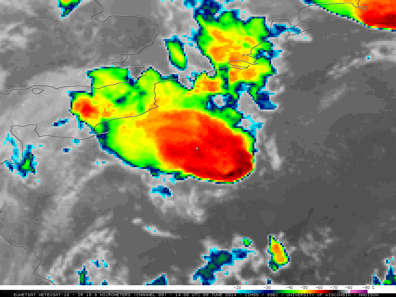 Imagen y secuencia del Meteosat-10 canal IR 10.8 µm realzado para destacar topes fríos (pulsa para animar)