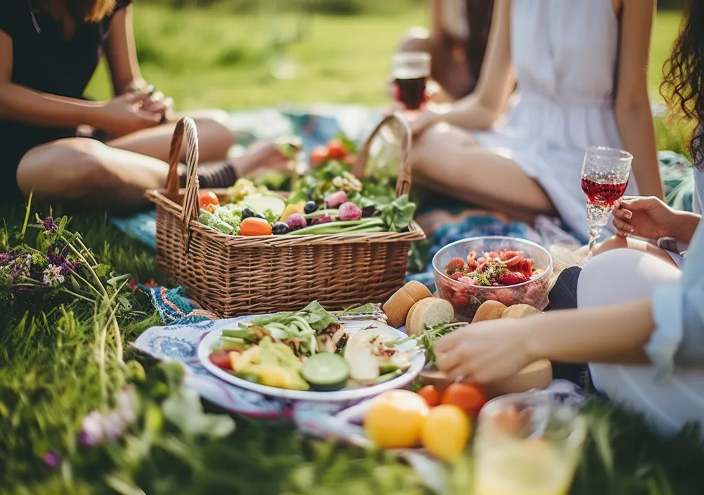 Grupo de amigas a partilhar um piquenique, comida saudável e um copo de vinho tinto, sentadas na relva.