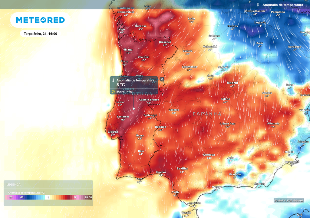 Mapa de anomalia de temperatura mostra valores acima do normal em grande parte da Península Ibérica, com desvios que podem atingir cerca de +6 a +8 °C em Portugal. Este padrão reflete a influência do anticiclone e a entrada de ar mais quente de leste, contribuindo para a subida das temperaturas já a partir de terça-feira.