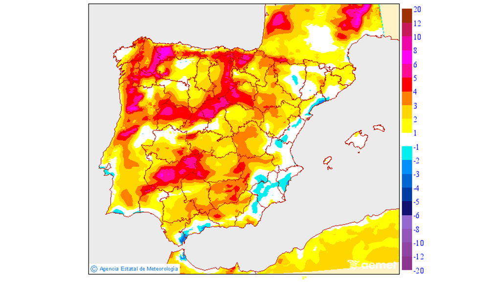 Variación de las máximas de mañana respecto a las de hoy domingo. Fuente: AEMET.