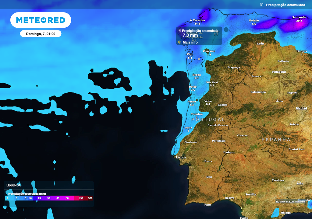 A chuva regressa nesta primeira semana de junho ao litoral Norte e Centro de Portugal continental, onde será geralmente fraca. Os valores de precipitação acumulada previstos são escassos (inferiores a 5 mm). Somente para o Minho se vislumbra um valor ligeiramente superior, indicativo da maior frequência da precipitação nesta região.