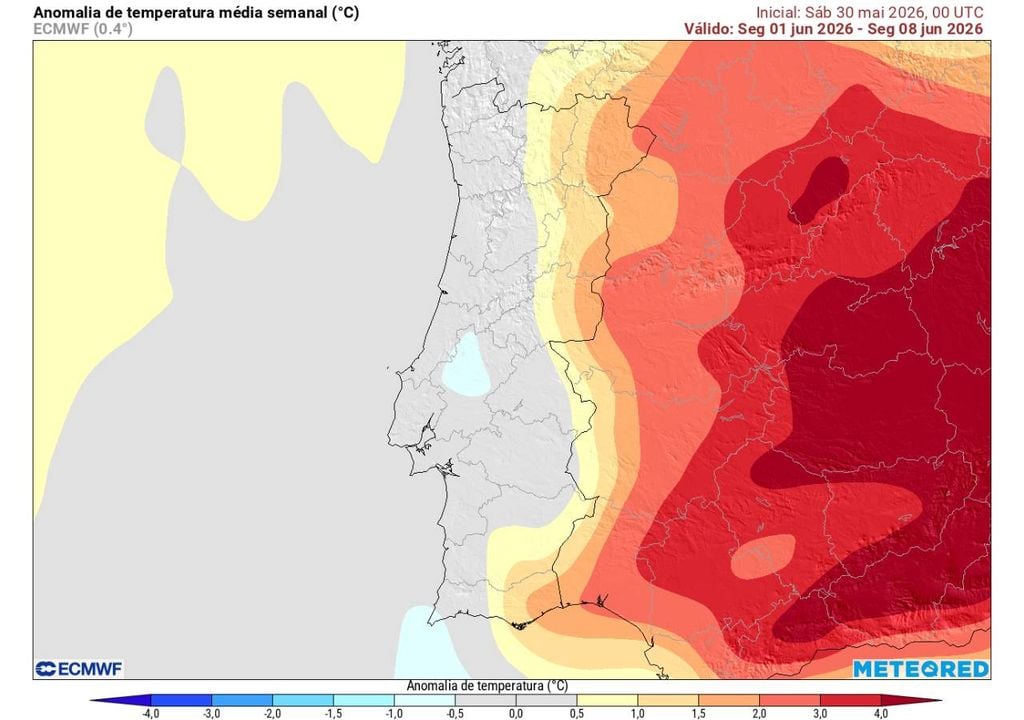 A descida das temperaturas será evidente de norte a sul de Portugal continental, evidenciando-se geralmente valores dentro do normal. Não obstante, os nossos mapas detetam anomalias térmicas negativas localizadas (temperaturas inferiores à média) e anomalias térmicas positivas (temperaturas superiores à média) em boa parte do interior.