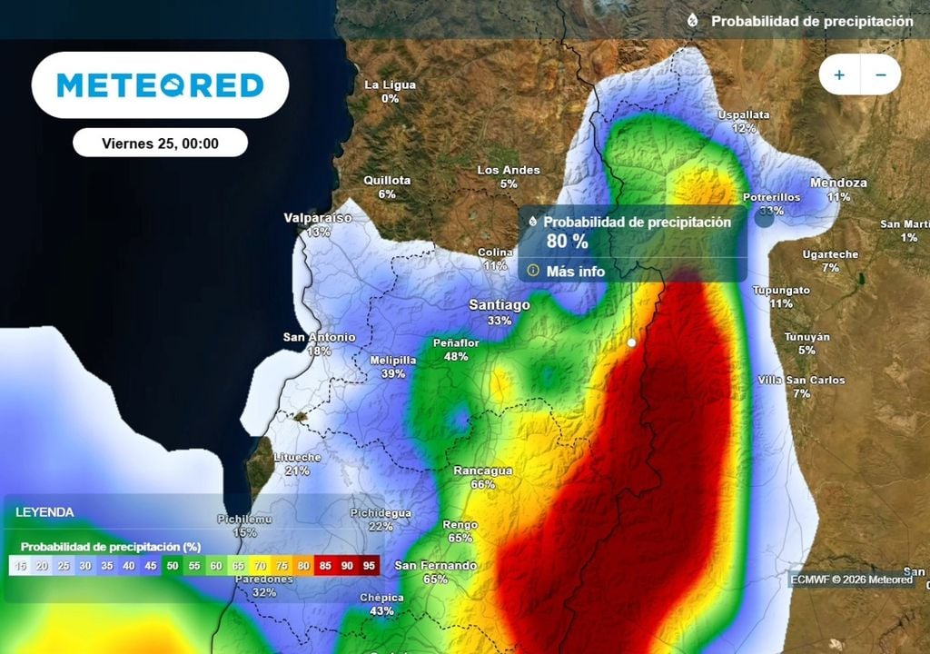 Existe alta probabilidad de lluvias en sectores cordilleranos, mientras al sur de la RM estarían las posibilidades más altas en el valle.