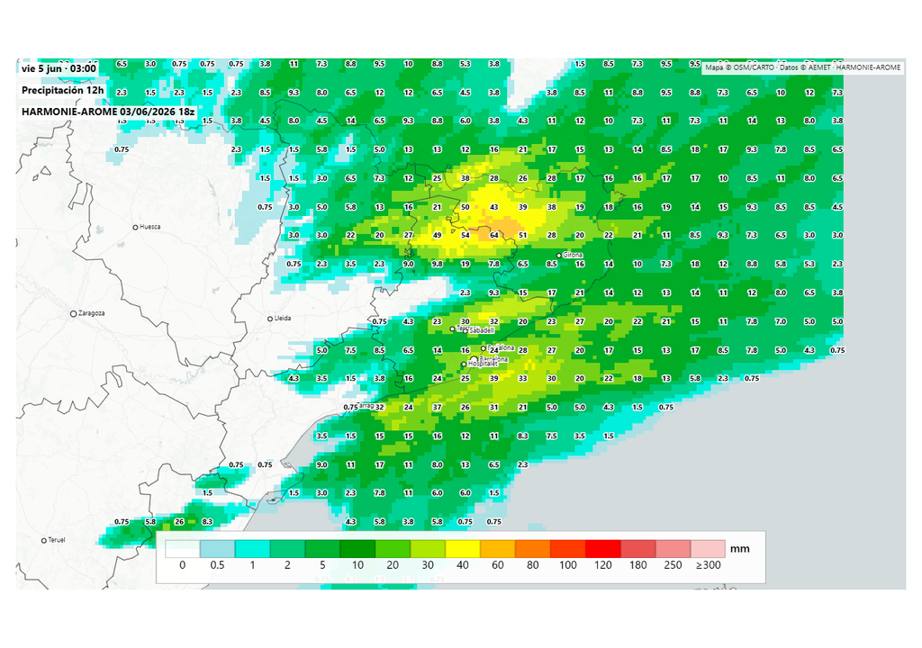 Los modelos mesoescalares anticipan acumulados que localmente pueden pasar de los 80 l/m2 en el noreste de Cataluña. Fuente: harmoniearome.es y AEMET.