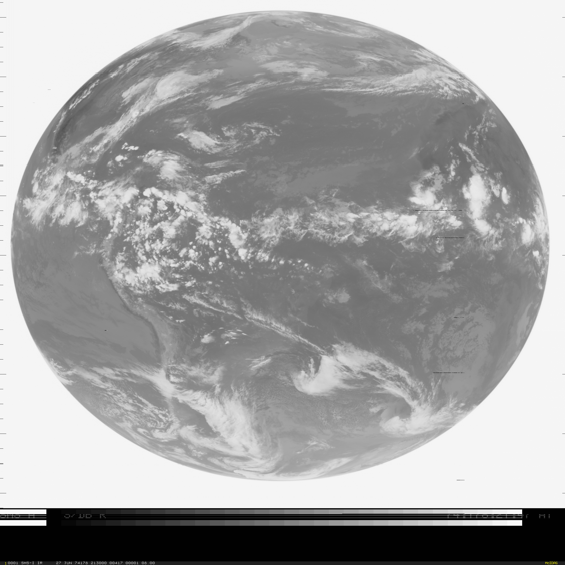 Imagen del SMS-1, Synchronous Meteorological Satellite, en la banda infrarroja de las 2130 UTC del 27 de junio 1974 Imagen del SMS-1, Synchronous Meteorological Satellite, en la banda infrarroja de las 2130 UTC del 27 de junio 1974
