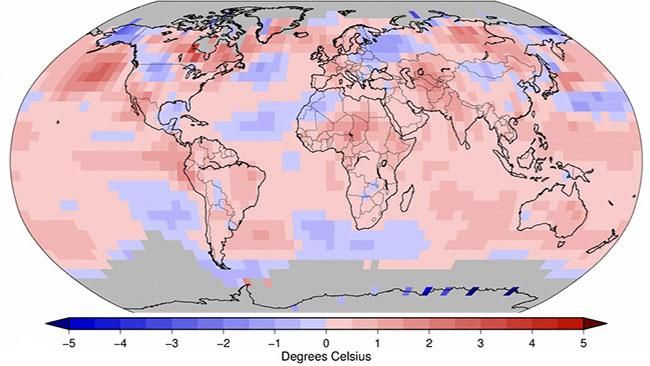 Anomalías de la temperatura del mar y de la tierra en julio de 2014 relativa a la temperatura media del periodo 1981-2010. (NOAA/NCDC)