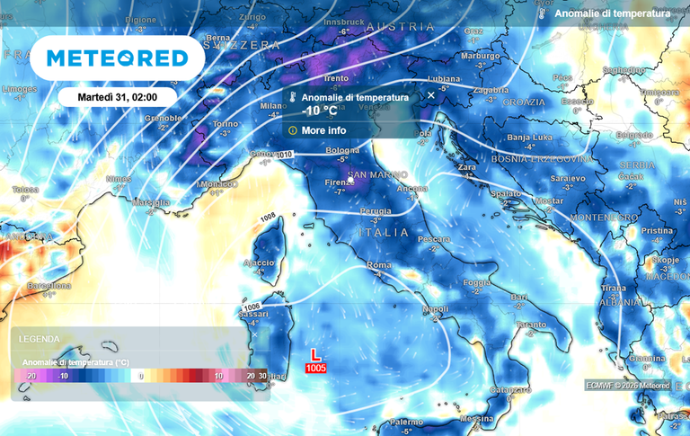 -9&deg;C sotto la media: la massa d'aria fredda invernale rimarr&agrave; in Italia fino a questa data