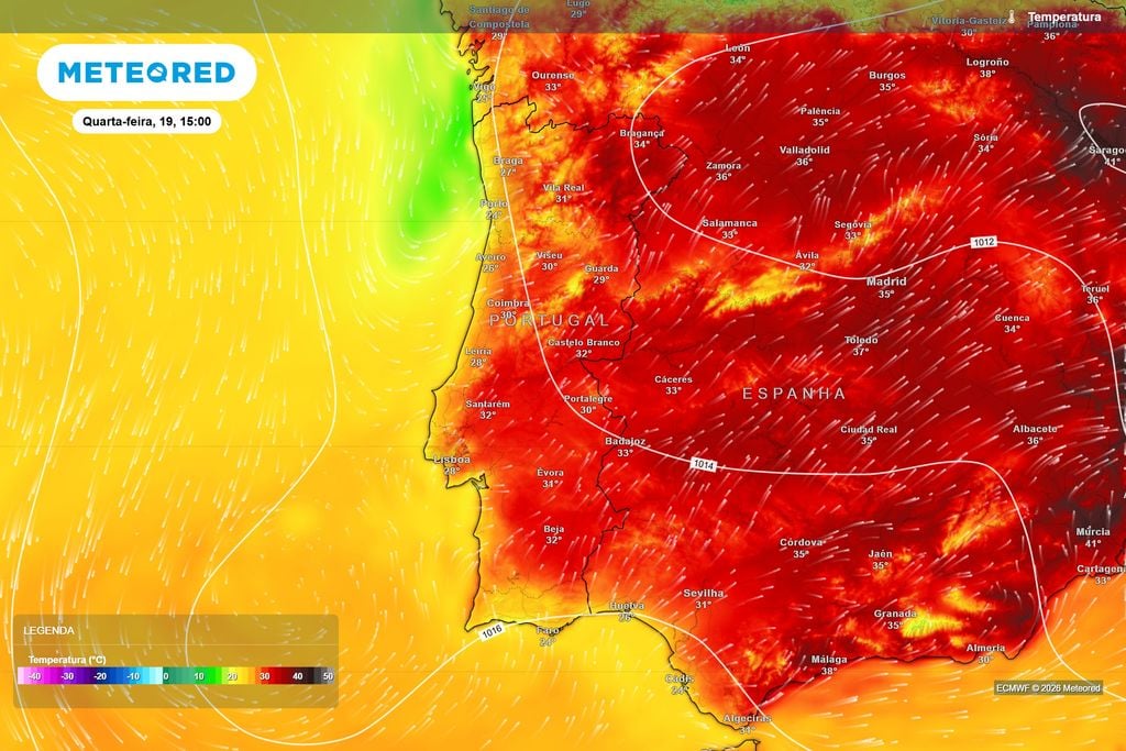 Temperaturas descem de forma acentuada na quarta-feira Temperaturas previstas pelo modelo ECMWF para Portugal continental na quarta-feira, dia 19 de agosto, pelas 15h. A descida será particularmente expressiva no Norte e Centro. Fonte: Meteored.