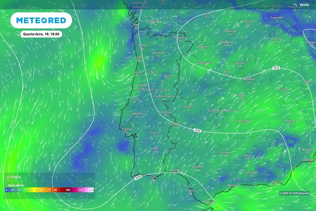 Circulação marítima reforça a descida das temperaturas Velocidade e circulação do vento previstas pelo modelo ECMWF para quarta-feira, dia 19 de agosto, pelas 15h. A circulação atlântica deverá favorecer a entrada de ar mais fresco sobre Portugal.
