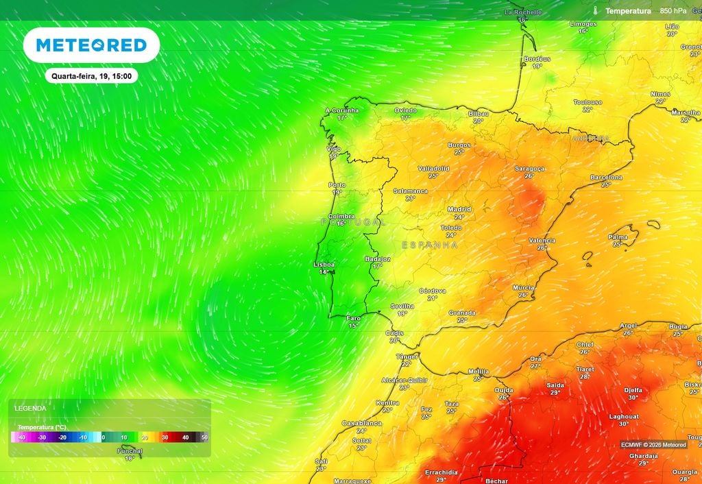 Temperatura prevista pelo modelo ECMWF aos 850 hPa na quarta-feira, dia 19 de agosto, pelas 15h. A entrada de uma massa de ar mais fresco deverá favorecer a descida das temperaturas à superfície.