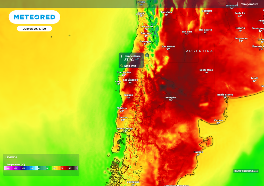 Temperatura máxima (°C) para el jueves 29 de enero 2026 en las zonas centro y sur de Chile.