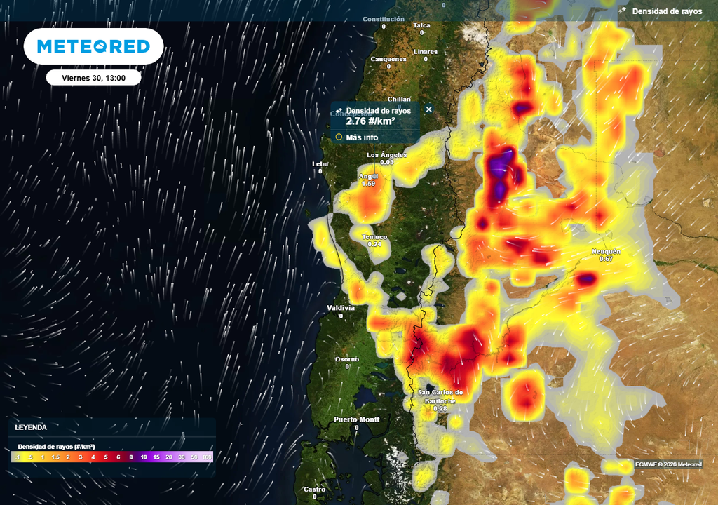 Densidad de rayos (#/km2) para la tarde del viernes 30 de enero 2026 en la zona sur de Chile.