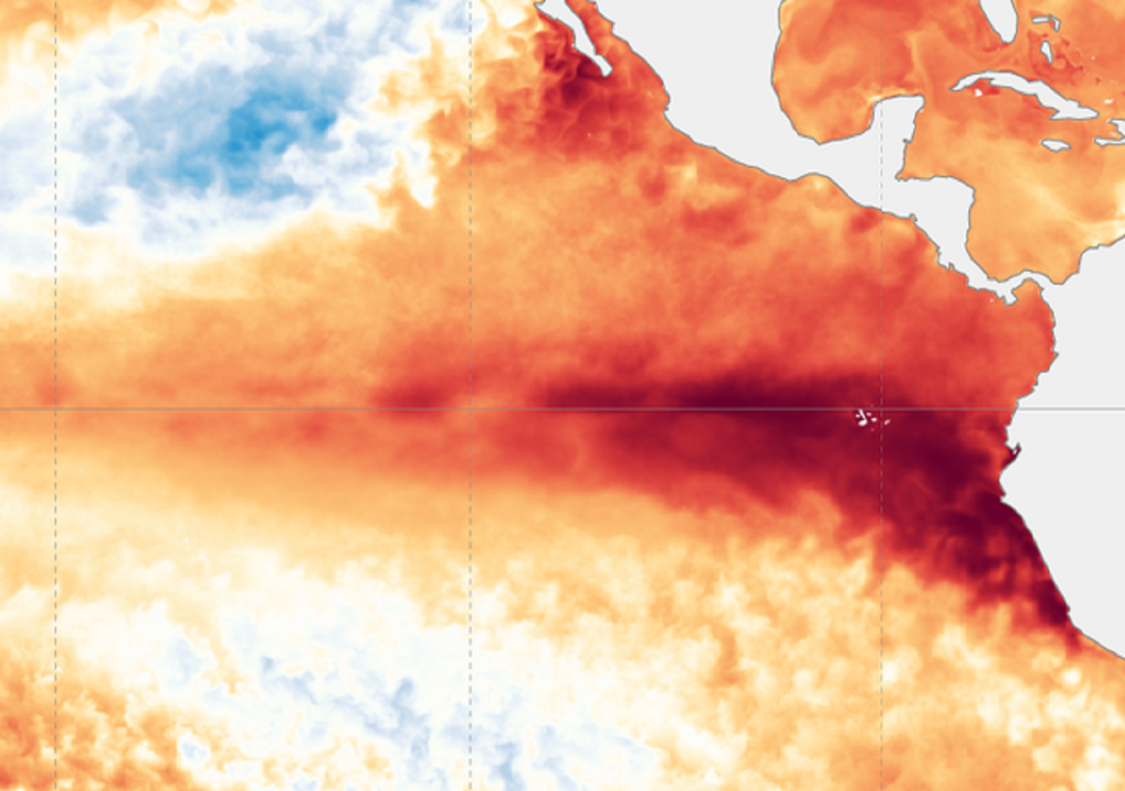 Colores rojos intensos destacan la anomalía de temperatura sobre el océano ecuatorial.