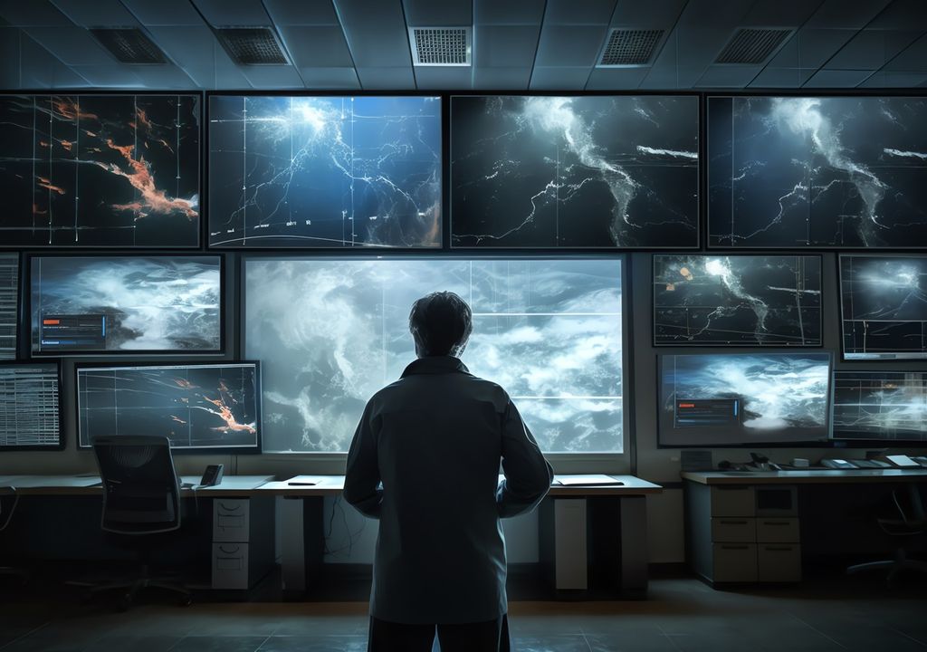 cientista del tiempo frente a monitores y computadores cientista del tiempo frente a monitores y computadores