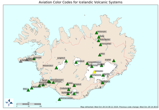 El mapa de código de colores para la aviación sobre los volcanes islandeses