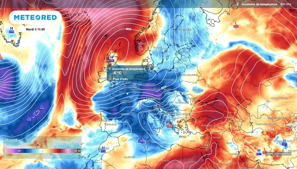 Anticyclone flux d'Est Moscou-Paris anomalie de température masse d'air mardi Mardi 3 novembre, le Moscou-Paris bien en place nous enverra une masse d'air jusqu'à 6°C sous les normales de saison par endroits.