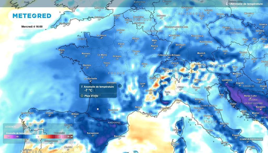 Anomalie de température mercredi après-midi France Mercredi 4 novembre après-midi, l'air froid sera bien présent sur tout le pays, avec des températures jusqu'à 7°C sous les normales de saison dans le Sud-Ouest.