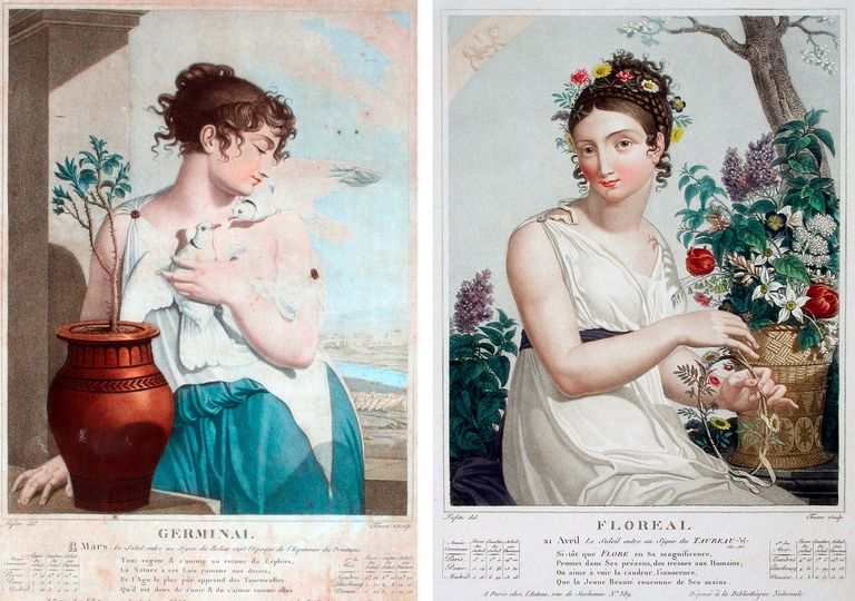 En el calendario Republicano francés, el mes de abril estaba dividido entre los meses de Germinal, a la izquierda de la imagen y de Floreal, a la derecha. En el calendario Republicano francés, el mes de abril estaba dividido entre los meses de Germinal, a la izquierda de la imagen y de Floreal, a la derecha.