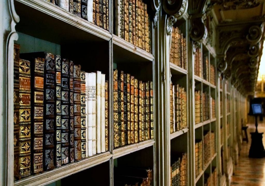 A Biblioteca do Palácio Nacional de Mafra guarda milhares de volumes raros, incluindo edições especiais dos séculos XVII e XVIII, obras de referência do pensamento europeu e encadernações de excecional valor histórico. Fonte: Terra Tour