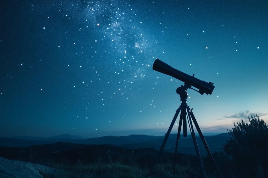 telecopio en un paisaje de fondo con cielo nocturno estrellado