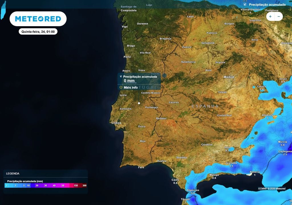 precipitação acumulada Pelo menos até ao início da madrugada de quinta-feira, dia 24, não há previsão de chuva no continente português.