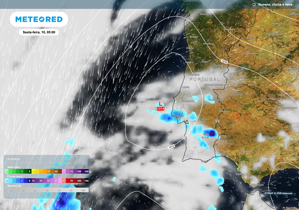 A presença de uma área depressionária a oeste da Península Ibérica induz um fluxo húmido de sudoeste, favorecendo a formação de núcleos de instabilidade pouco organizados. O resultado traduz-se em aguaceiros dispersos, que surgem de forma irregular no espaço e no tempo, com maior probabilidade nas regiões mais expostas à circulação atlântica.