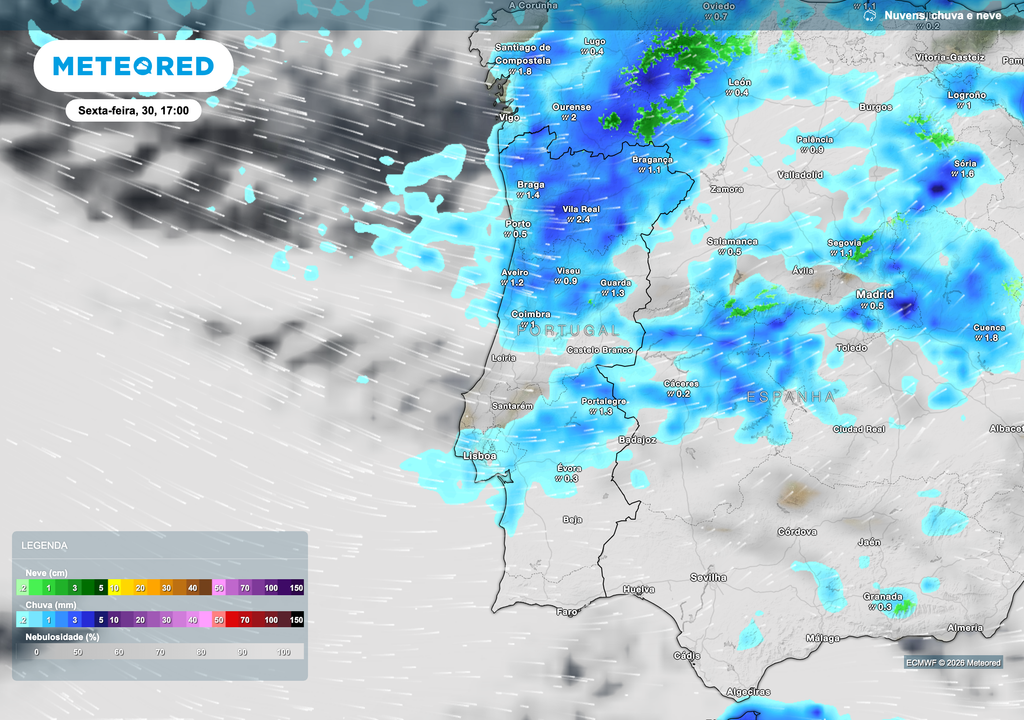 Distribuição da precipitação prevista, com chuva frequente no Norte e Centro e nebulosidade extensa sobre o território.