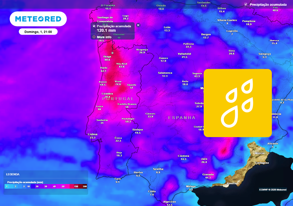 Precipitação acumulada prevista até domingo, com valores mais elevados no Norte e Centro.